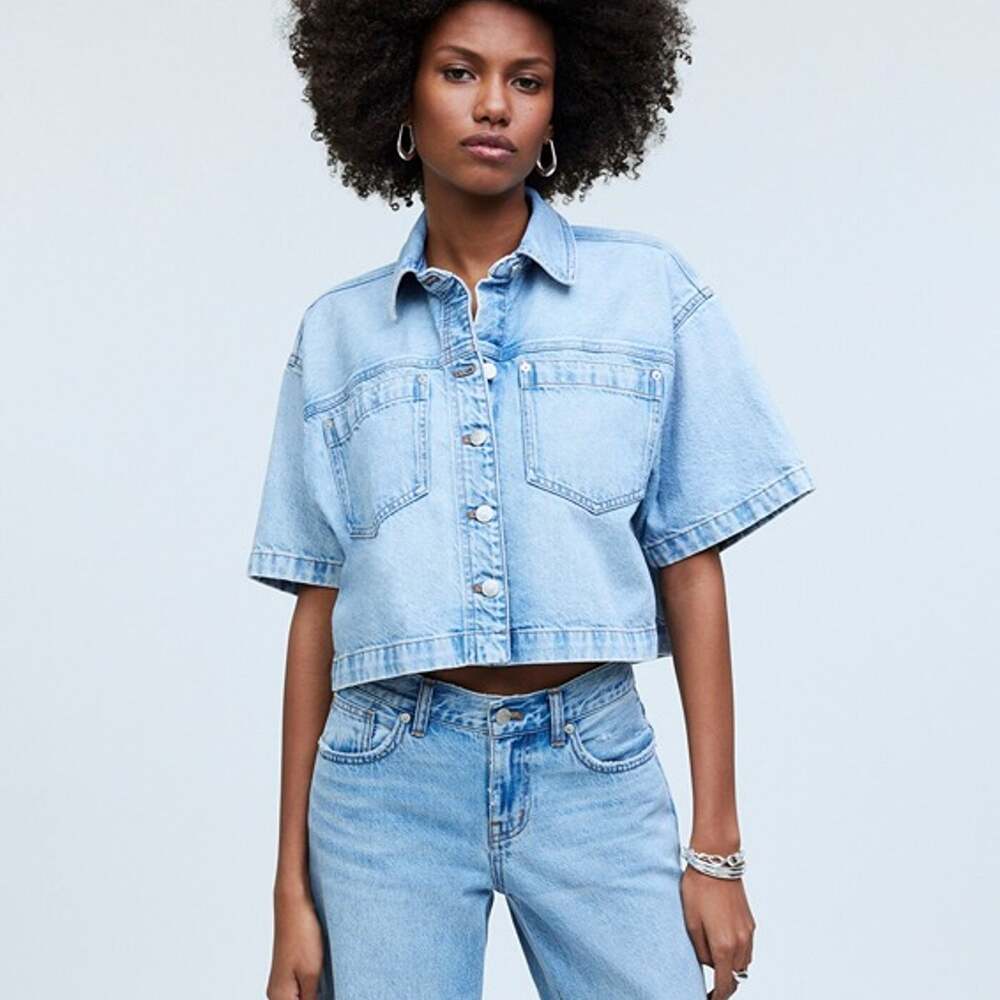 Madewell Medium Wash Denim Short Sleeve Cropped Button Up Shirt Jacket Size XXS